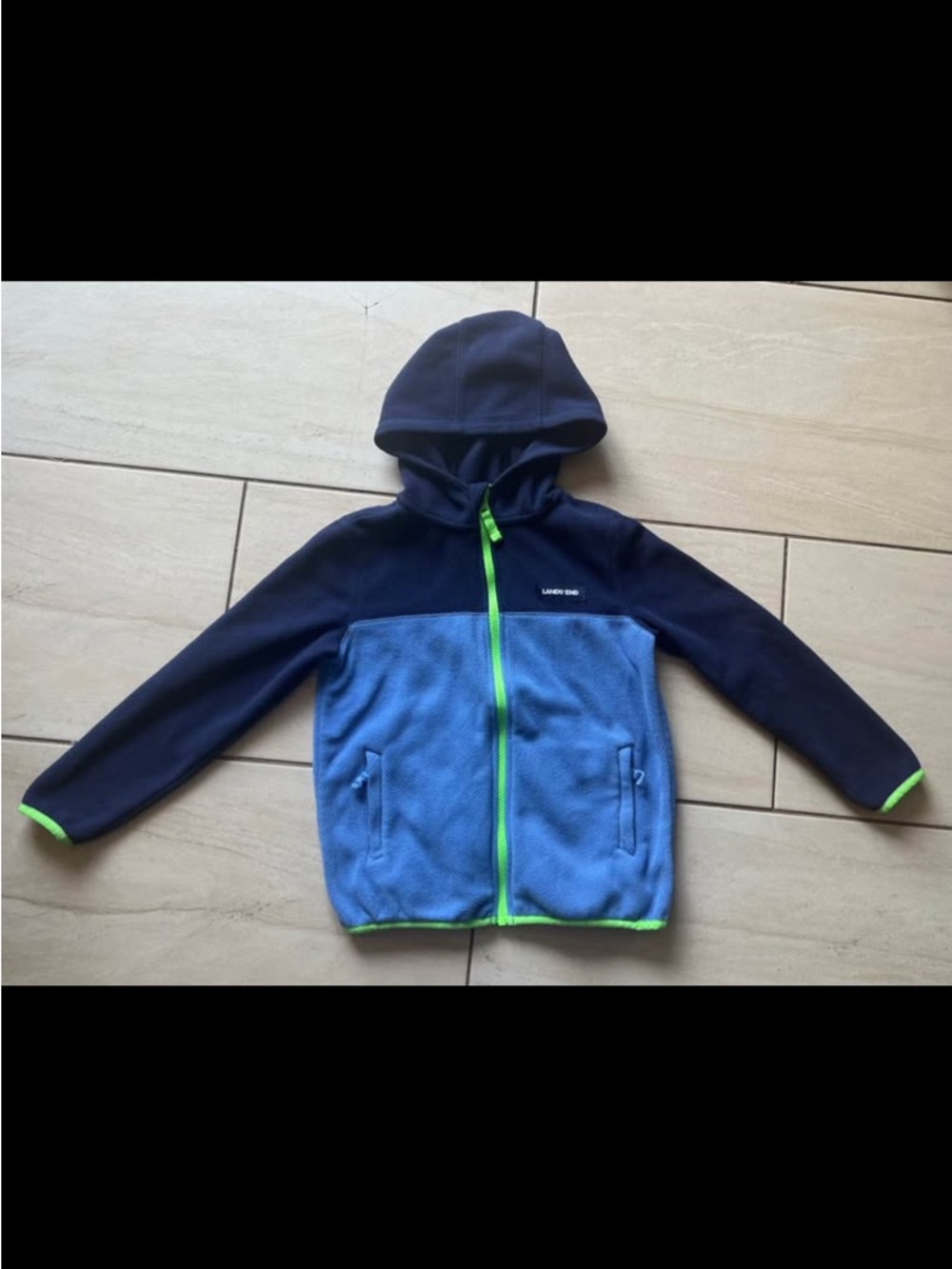Lands' End Navy and Light Blue Fleece Hoodie with Lime Trim
